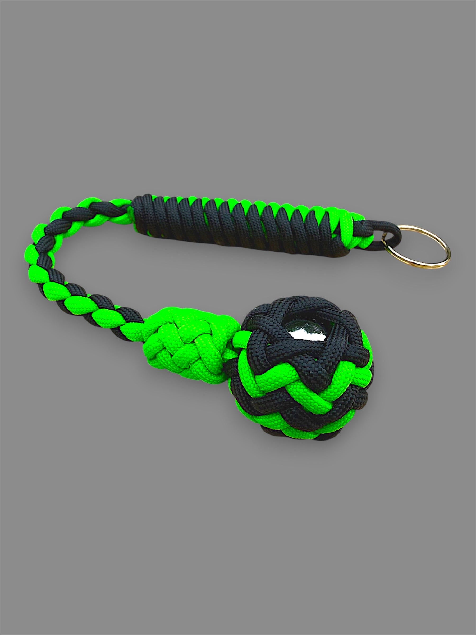 Decorative Paracord Wrapped 1 inch Steel Ball in Black and Neon Green Keychain monkey fist style on a split ring
