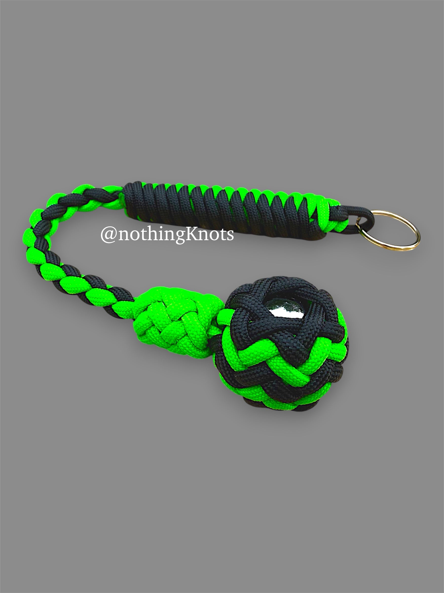 Decorative Paracord Wrapped 1 inch Steel Ball in Black and Neon Green Keychain monkey fist style on a split ring