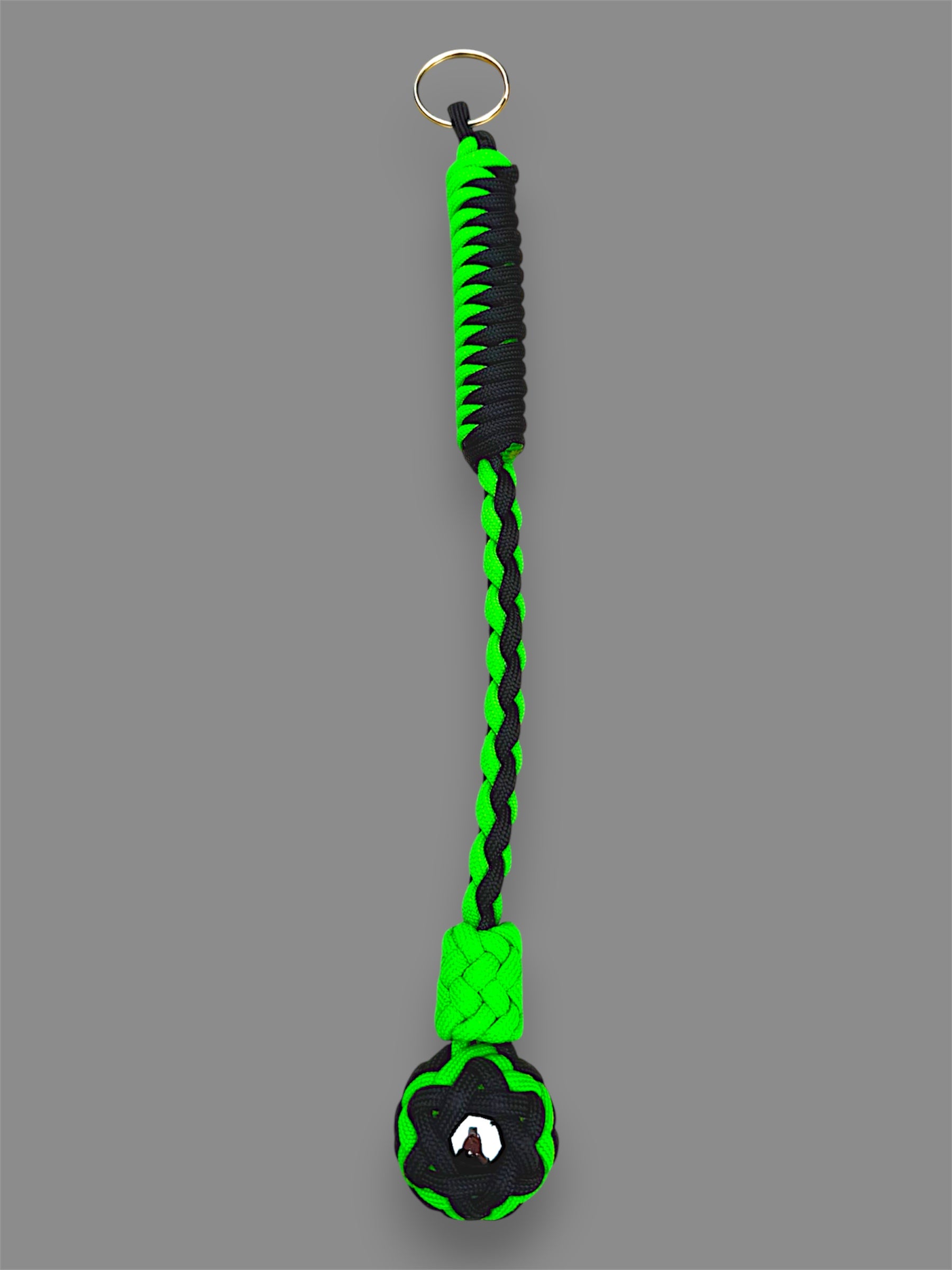 Decorative Paracord Wrapped 1 inch Steel Ball in Black and Neon Green Keychain monkey fist style on a split ring