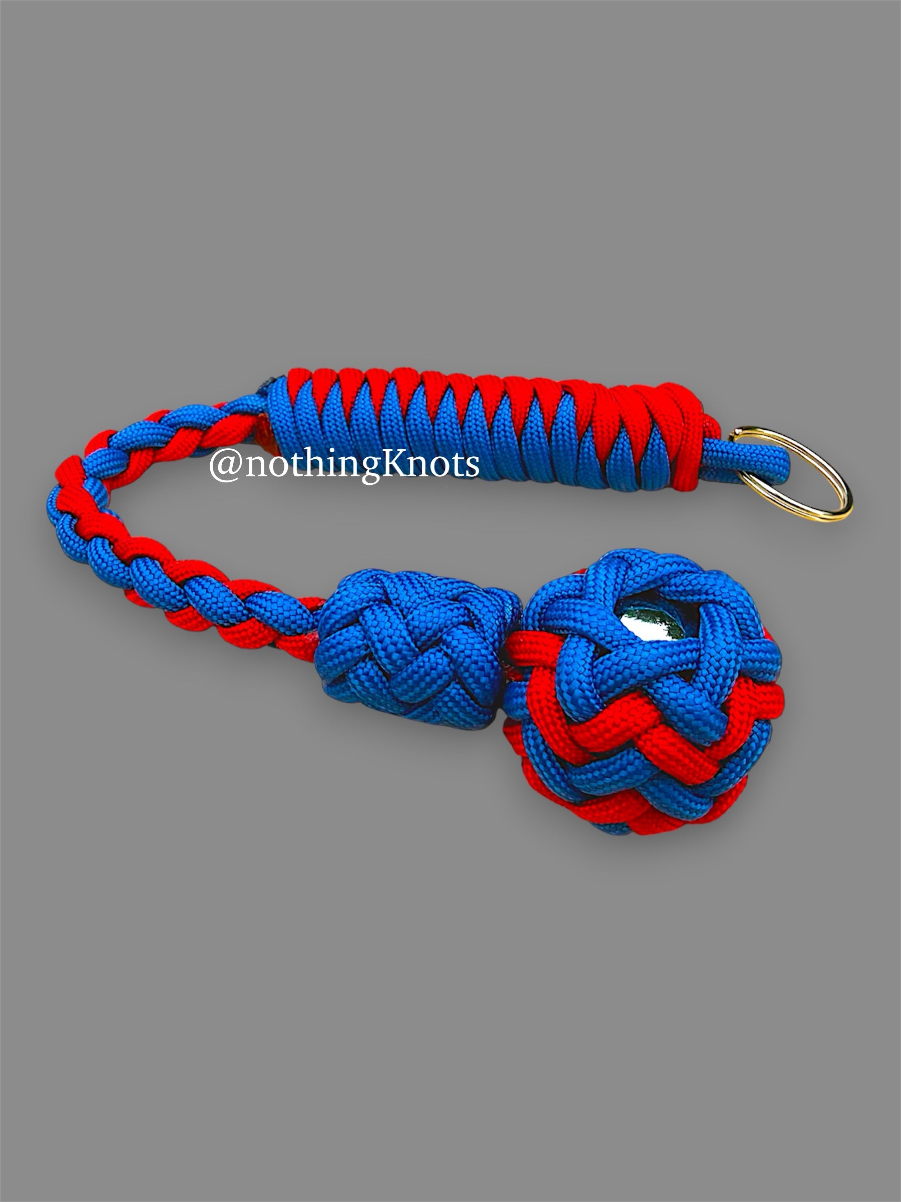 Decorative Paracord Wrapped 1 inch Steel Ball in Blue and Red Keychain monkey fist style on a split ring