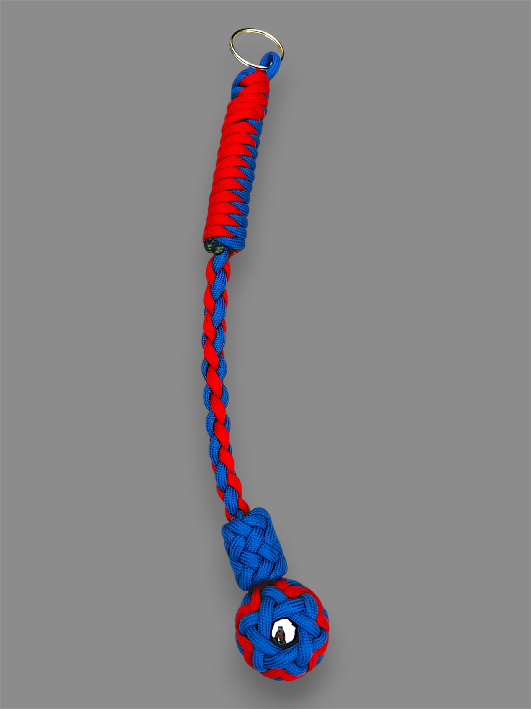 Decorative Paracord Wrapped 1 inch Steel Ball in Blue and Red Keychain monkey fist style on a split ring