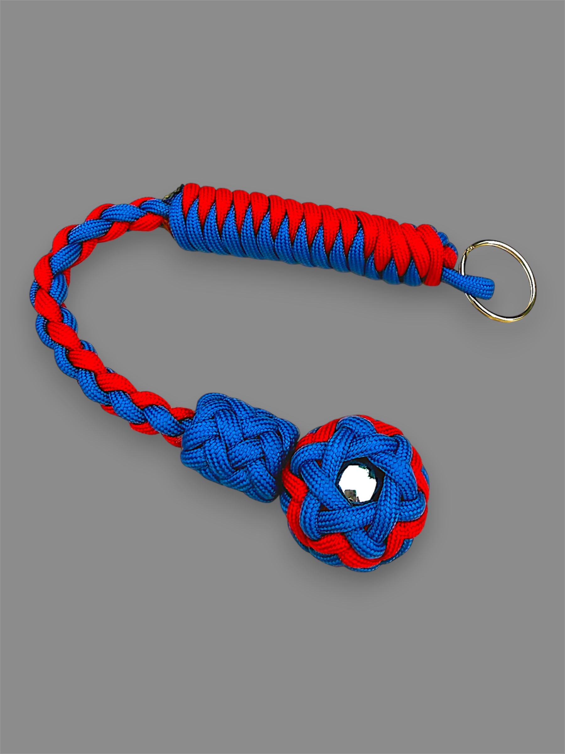 Decorative Paracord Wrapped 1 inch Steel Ball in Blue and Red Keychain monkey fist style on a split ring