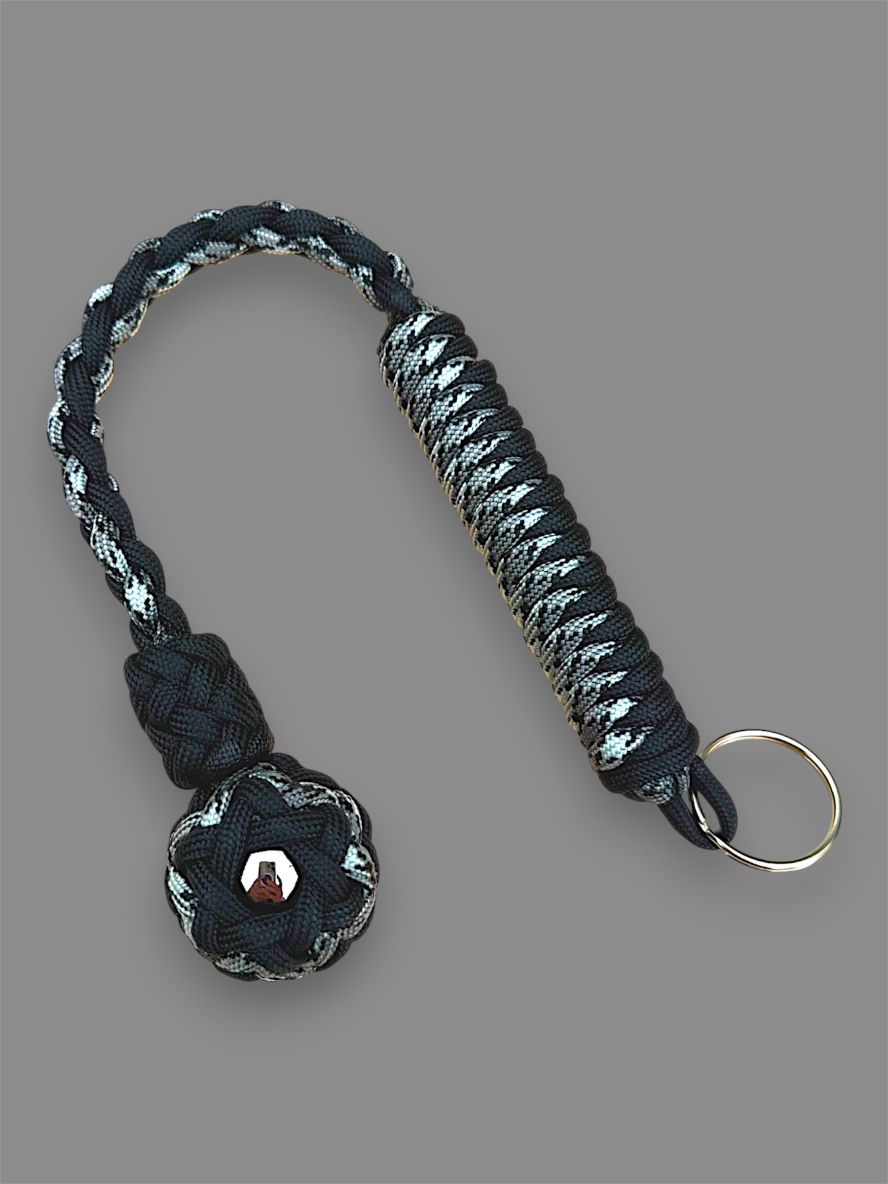 Decorative Paracord Wrapped 1 inch Steel Ball in Black and Gray Camo Keychain monkey fist style on a split ring