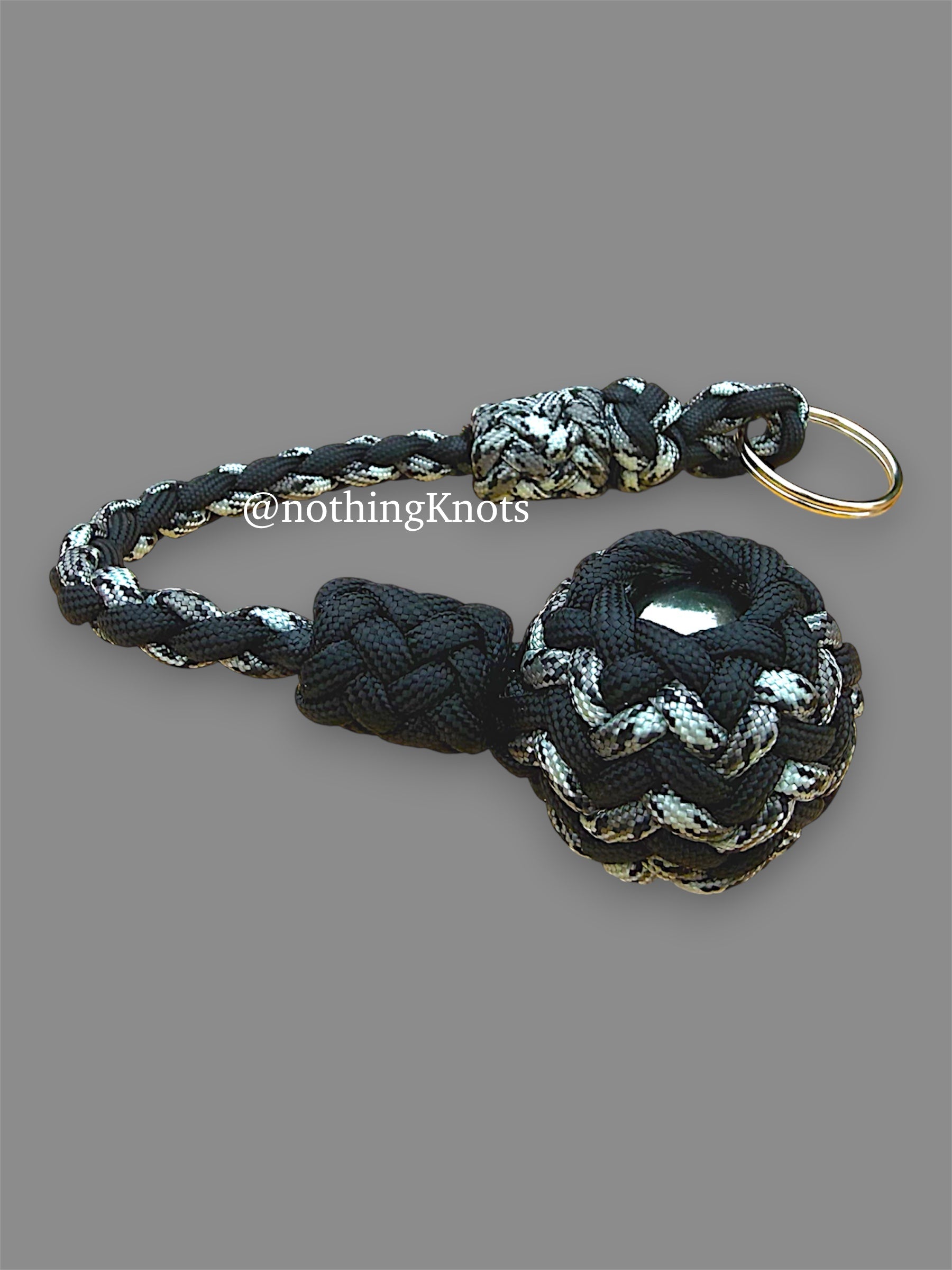 Decorative Paracord Wrapped 1.25 inch Steel Ball in Black and Gray Camo Keychain monkey fist style