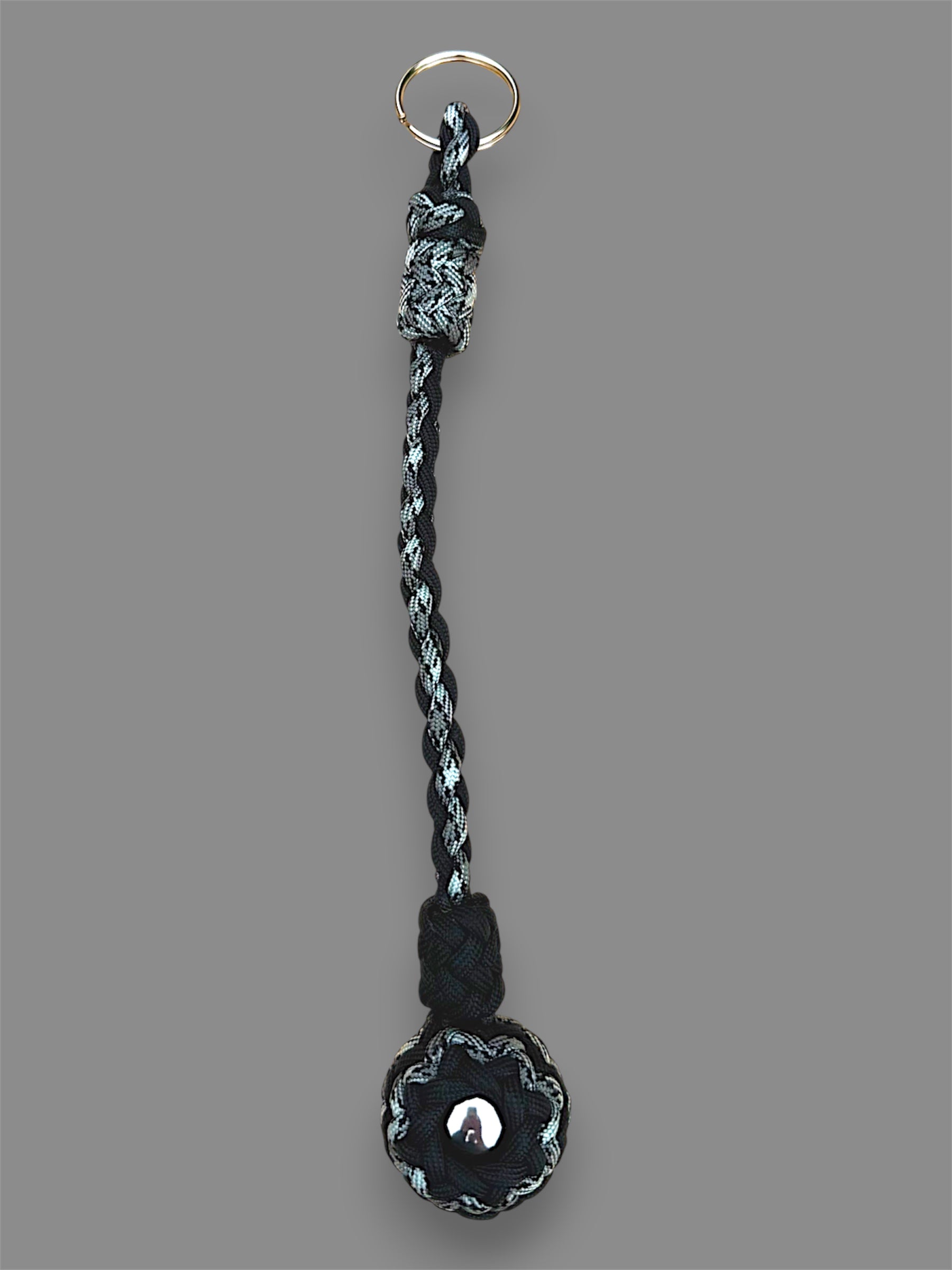 Decorative Paracord Wrapped 1.25 inch Steel Ball in Black and Gray Camo Keychain monkey fist style