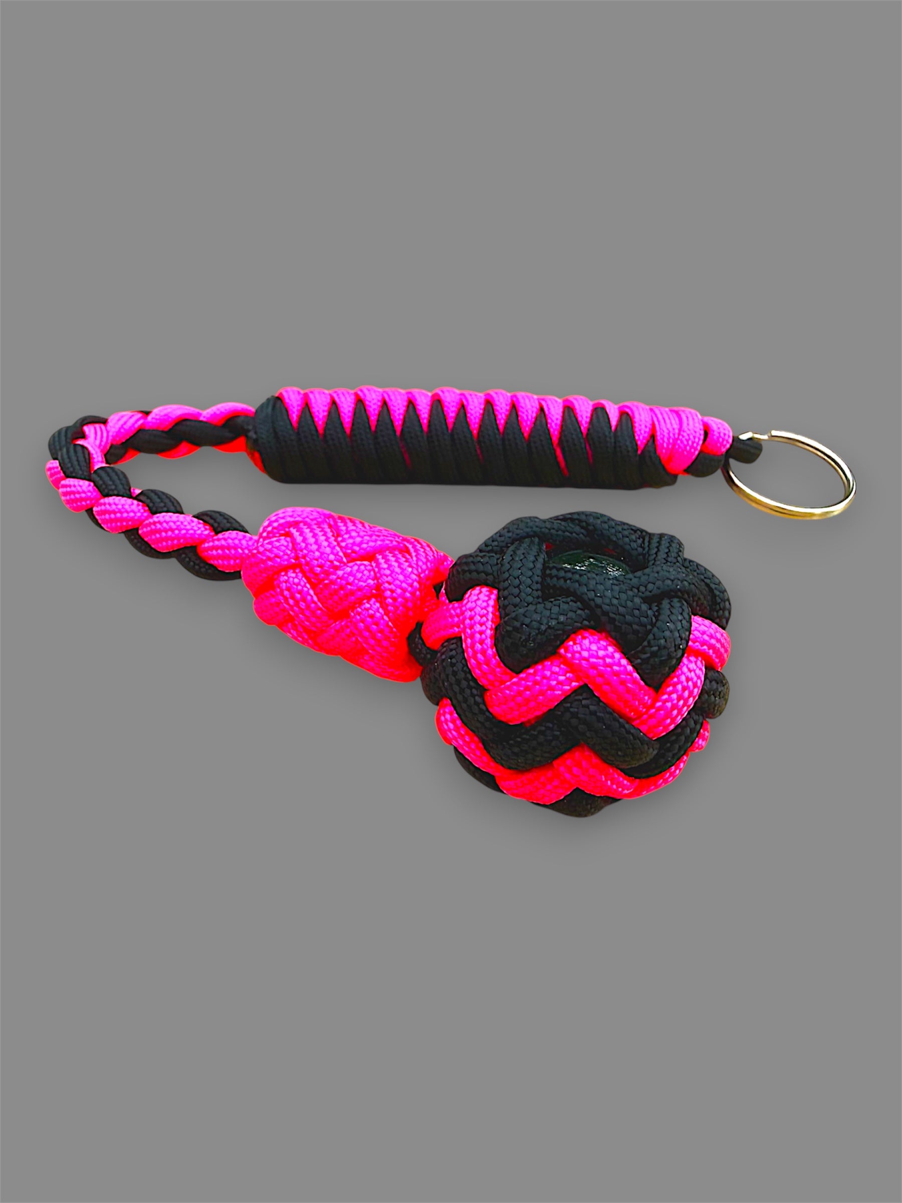 Decorative Paracord Wrapped 1 inch Steel Ball in Black and Neon Pink Keychain monkey fist style on a split ring