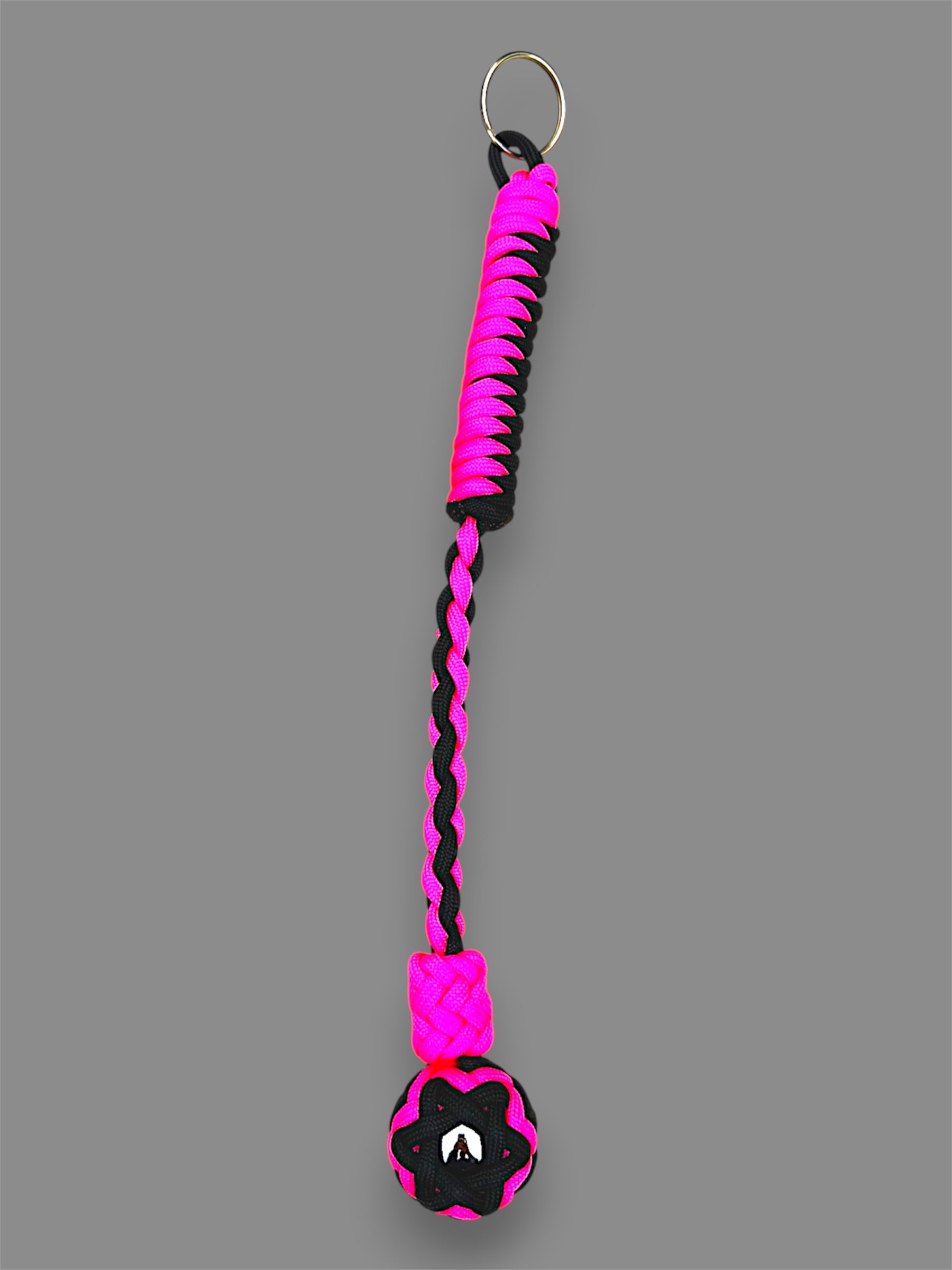 Decorative Paracord Wrapped 1 inch Steel Ball in Black and Neon Pink Keychain monkey fist style on a split ring