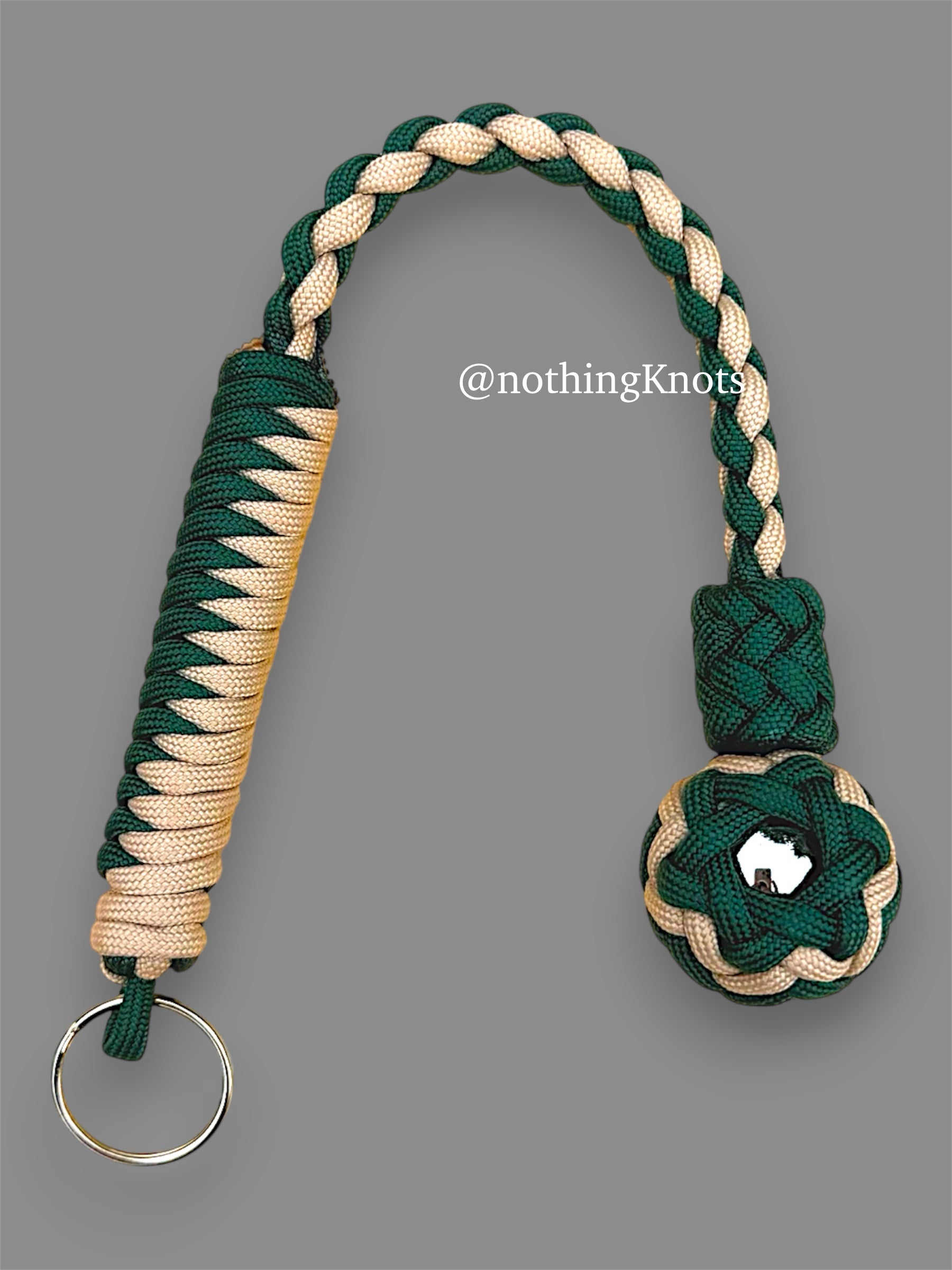 Decorative Paracord Wrapped 1 inch Steel Ball in Green and Tan Keychain monkey fist style on a split ring