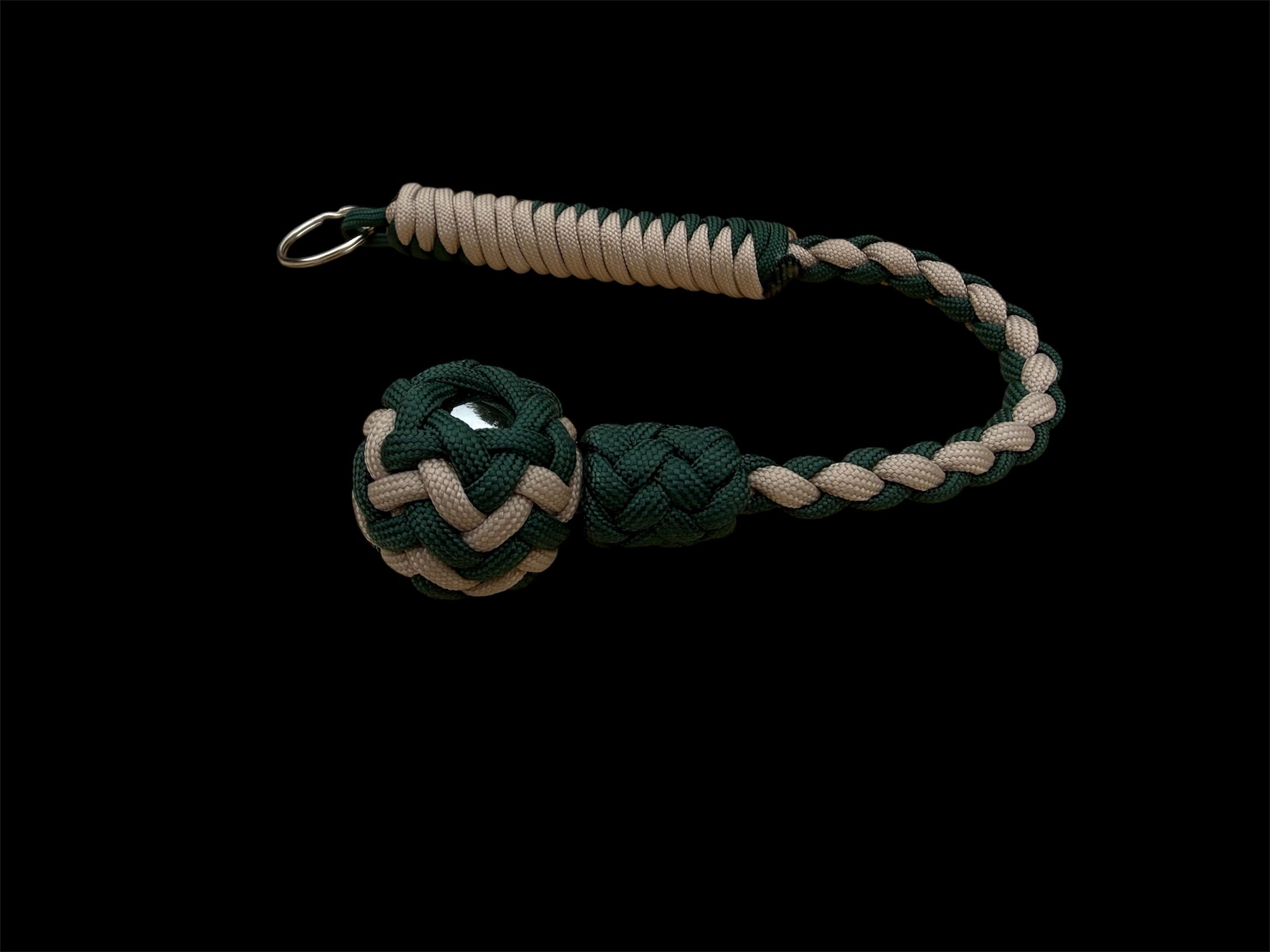 Decorative Paracord Wrapped 1 inch Steel Ball in Green and Tan Keychain monkey fist style on a split ring
