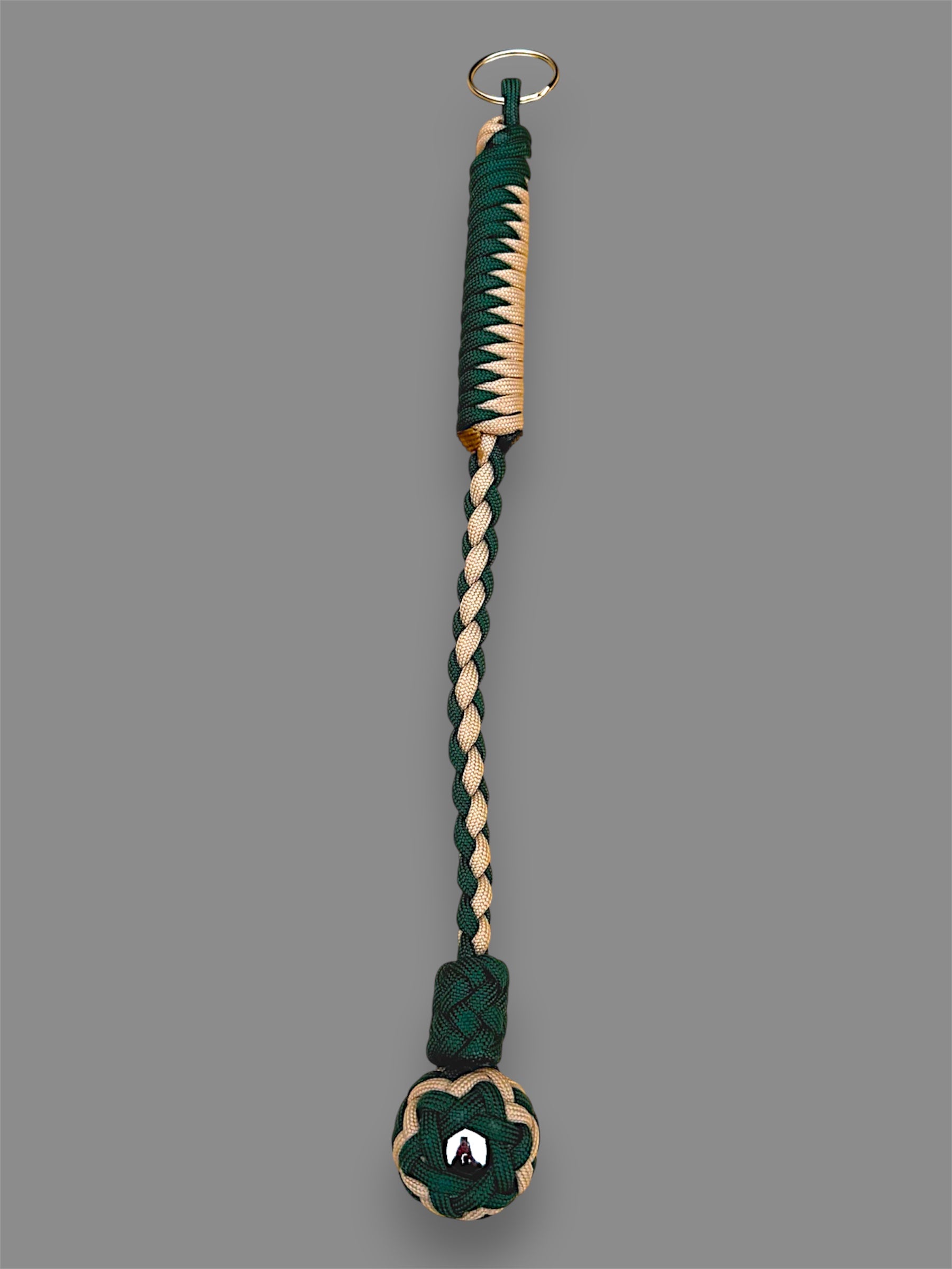 Decorative Paracord Wrapped 1 inch Steel Ball in Green and Tan Keychain monkey fist style on a split ring
