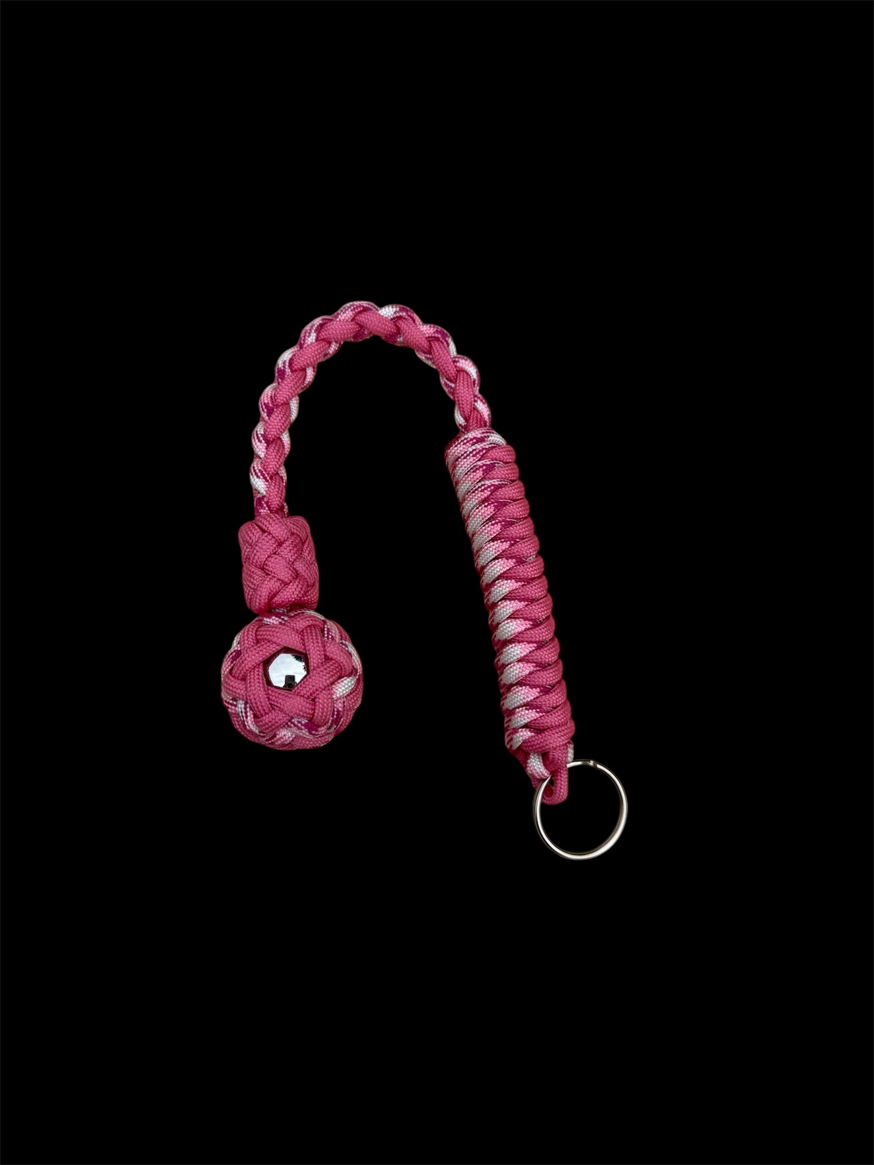 Decorative Paracord Wrapped 1 inch Steel Ball in Rose Pink and Pink Camo Keychain monkey fist style on a split ring