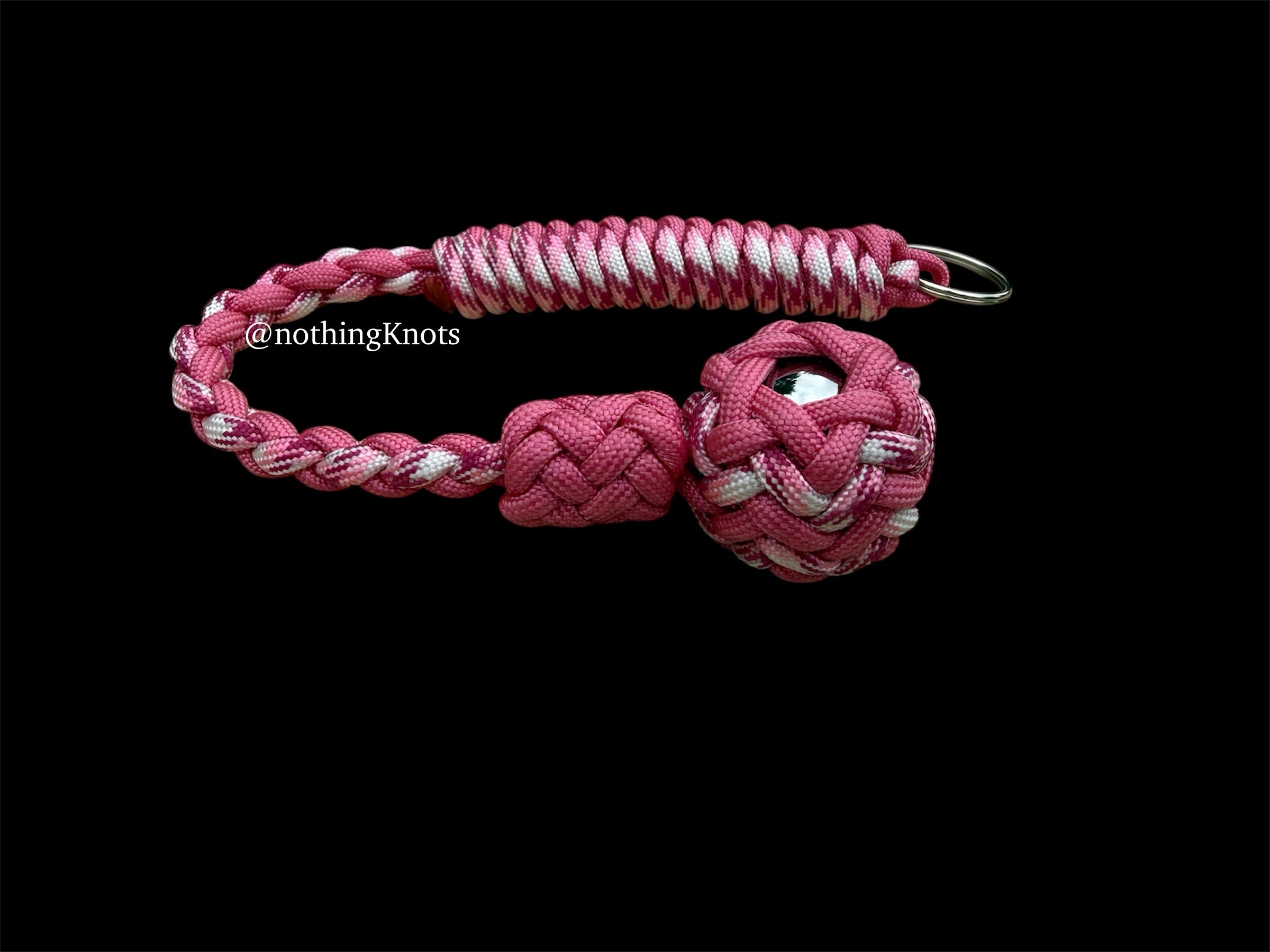 Decorative Paracord Wrapped 1 inch Steel Ball in Rose Pink and Pink Camo Keychain monkey fist style on a split ring