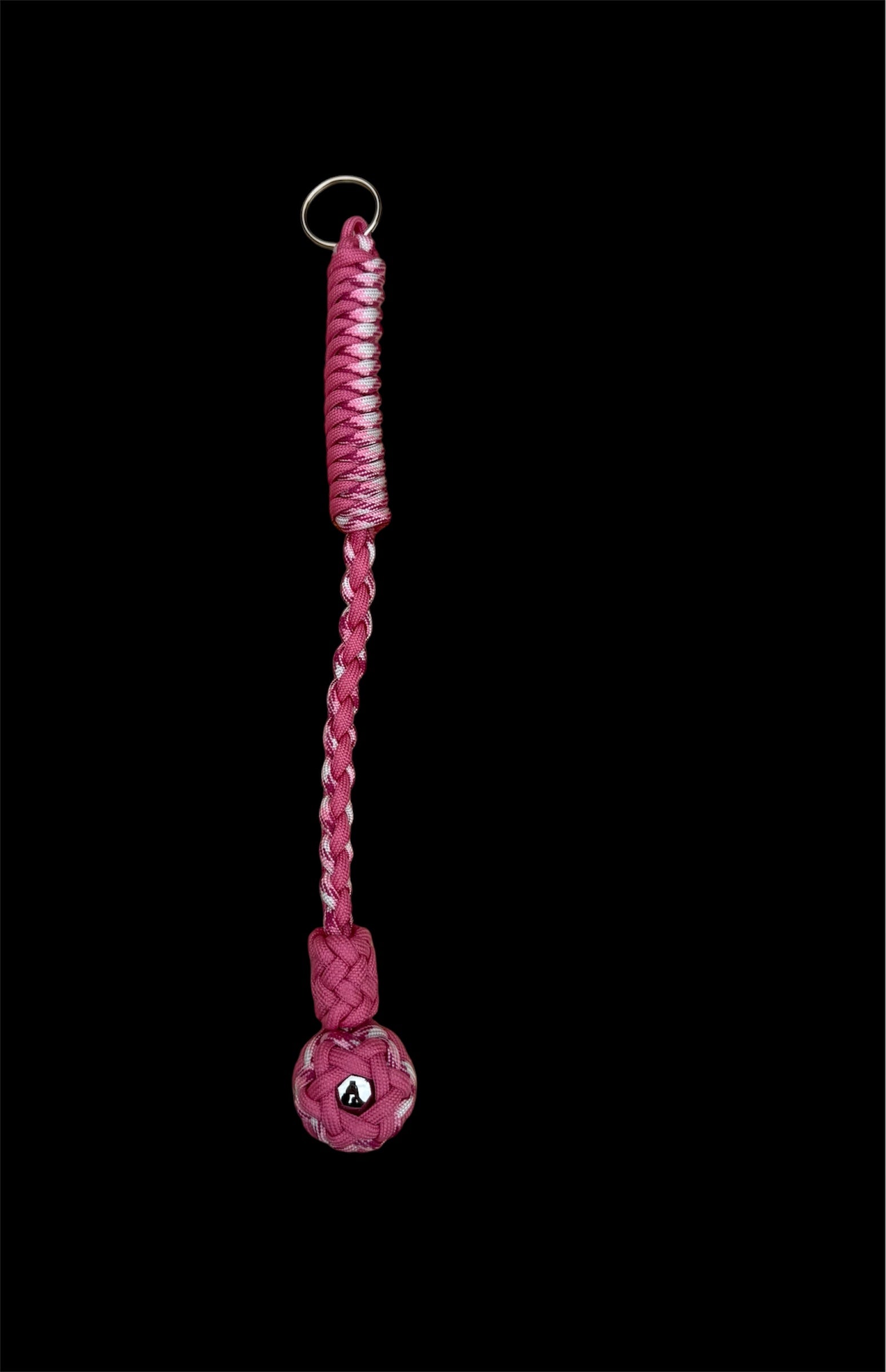 Decorative Paracord Wrapped 1 inch Steel Ball in Rose Pink and Pink Camo Keychain monkey fist style on a split ring