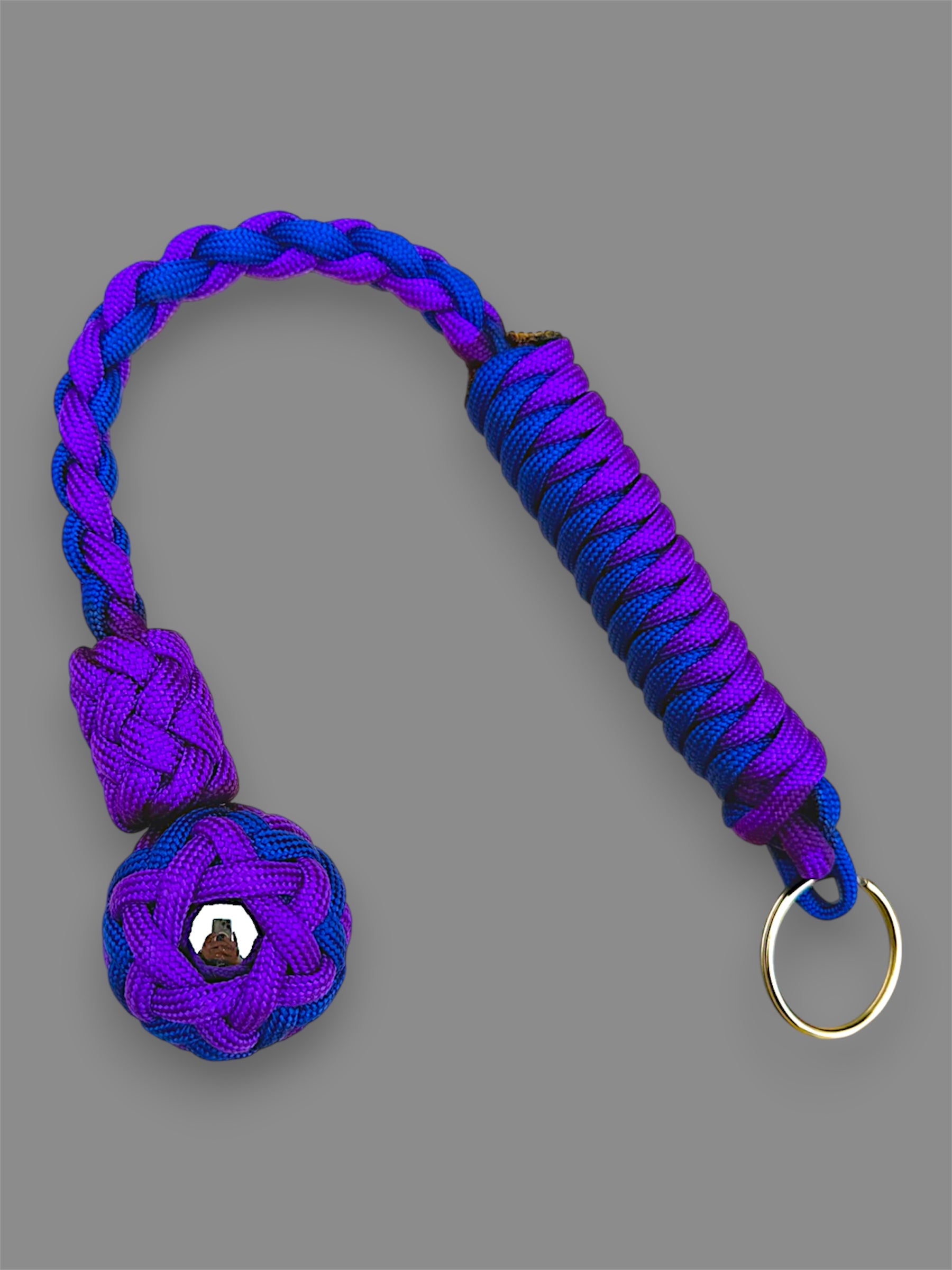 Decorative Paracord Wrapped 1 inch Steel Ball in Acid Purple and Electric Blue Keychain monkey fist style on a split ring