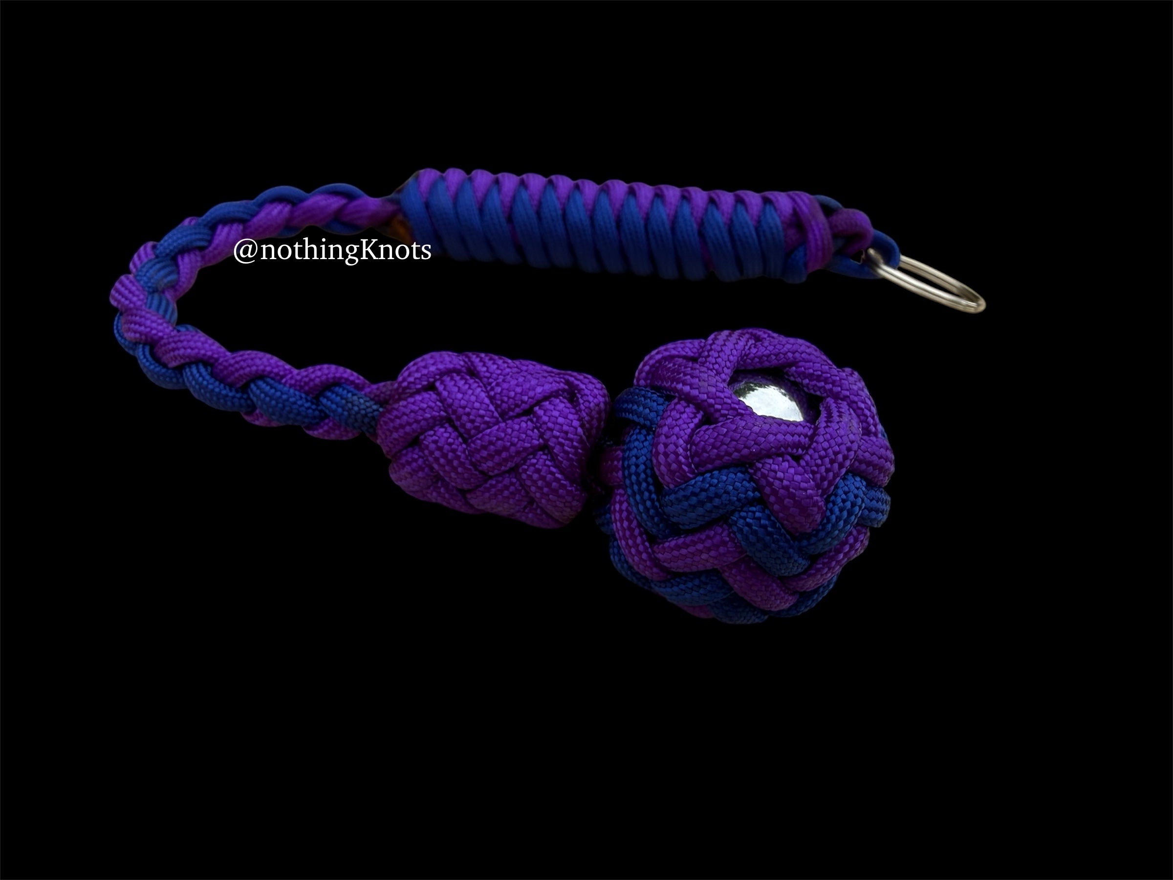 Decorative Paracord Wrapped 1 inch Steel Ball in Acid Purple and Electric Blue Keychain monkey fist style on a split ring