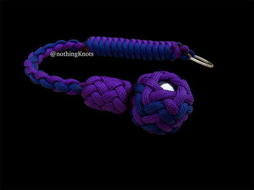 Decorative Paracord Wrapped 1 inch Steel Ball in Acid Purple and Electric Blue Keychain monkey fist style on a split ring