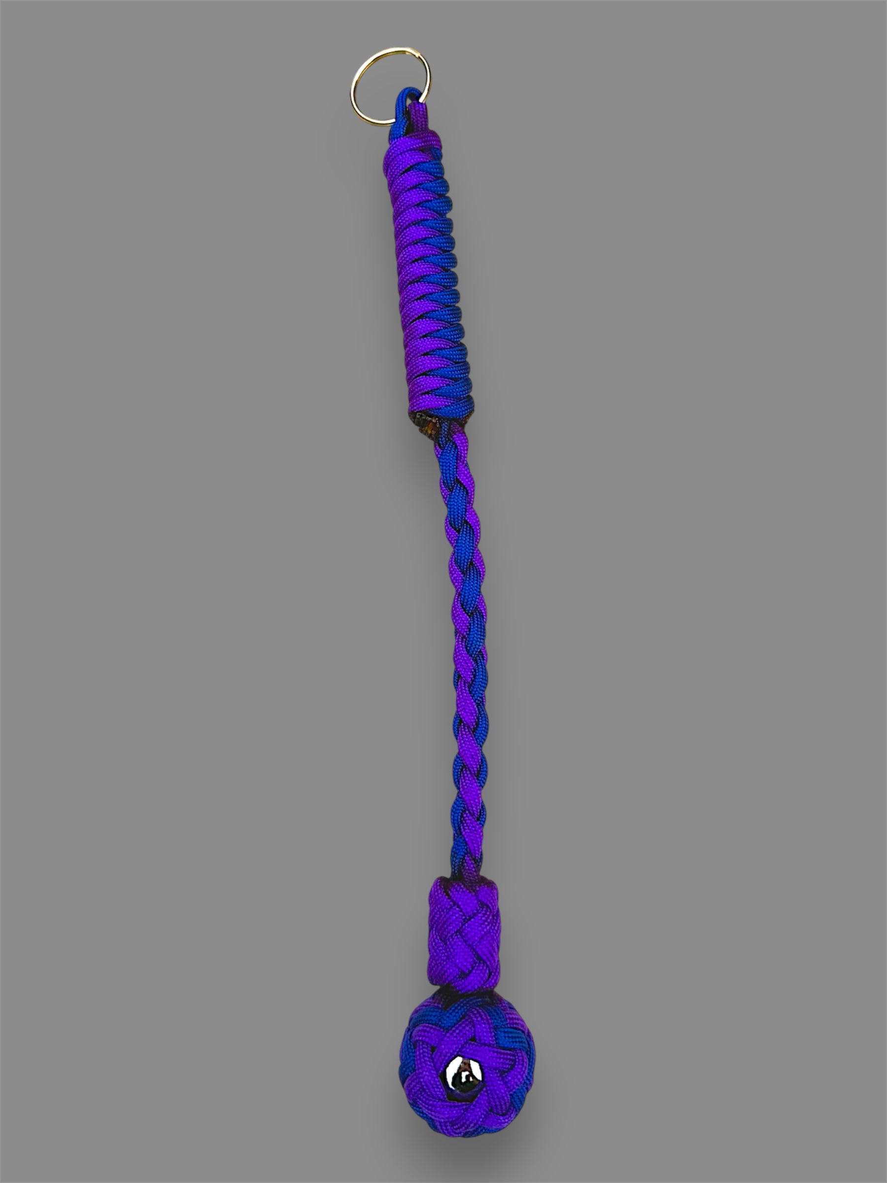 Decorative Paracord Wrapped 1 inch Steel Ball in Acid Purple and Electric Blue Keychain monkey fist style on a split ring