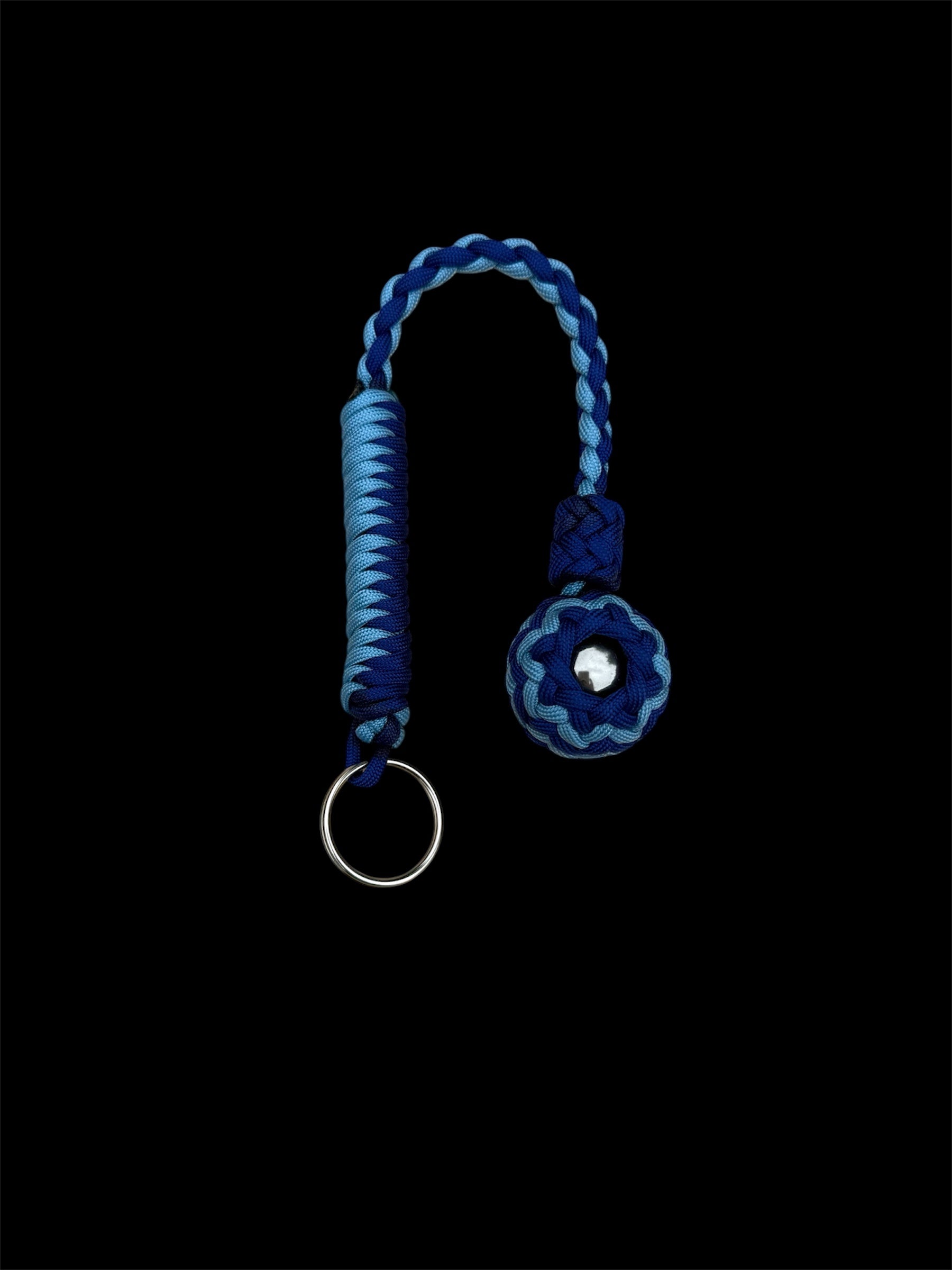 Decorative Paracord Wrapped 1.25 inch Steel Ball in Electric Blue and Baby Blue Keychain monkey fist style