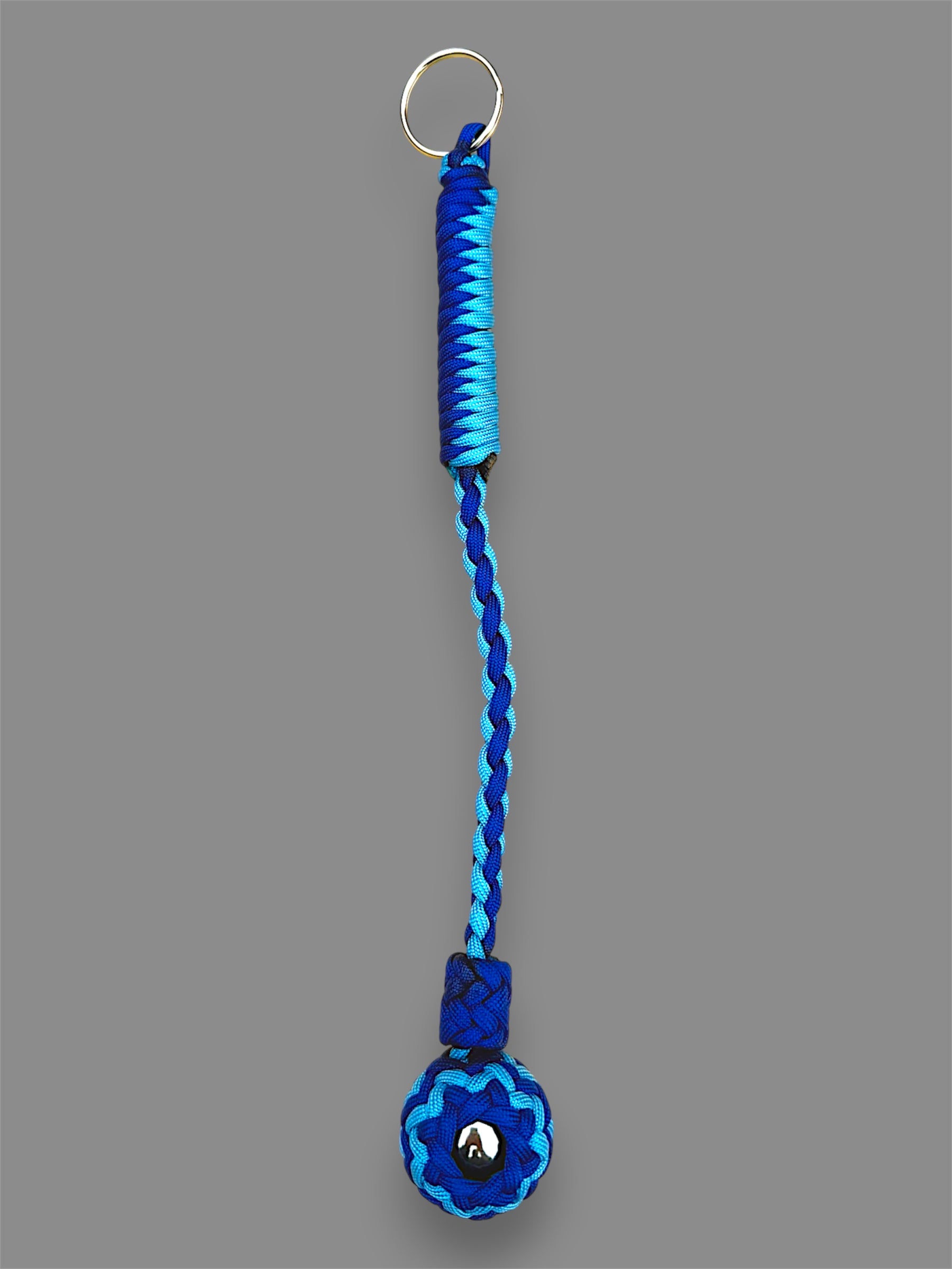Decorative Paracord Wrapped 1.25 inch Steel Ball in Electric Blue and Baby Blue Keychain monkey fist style