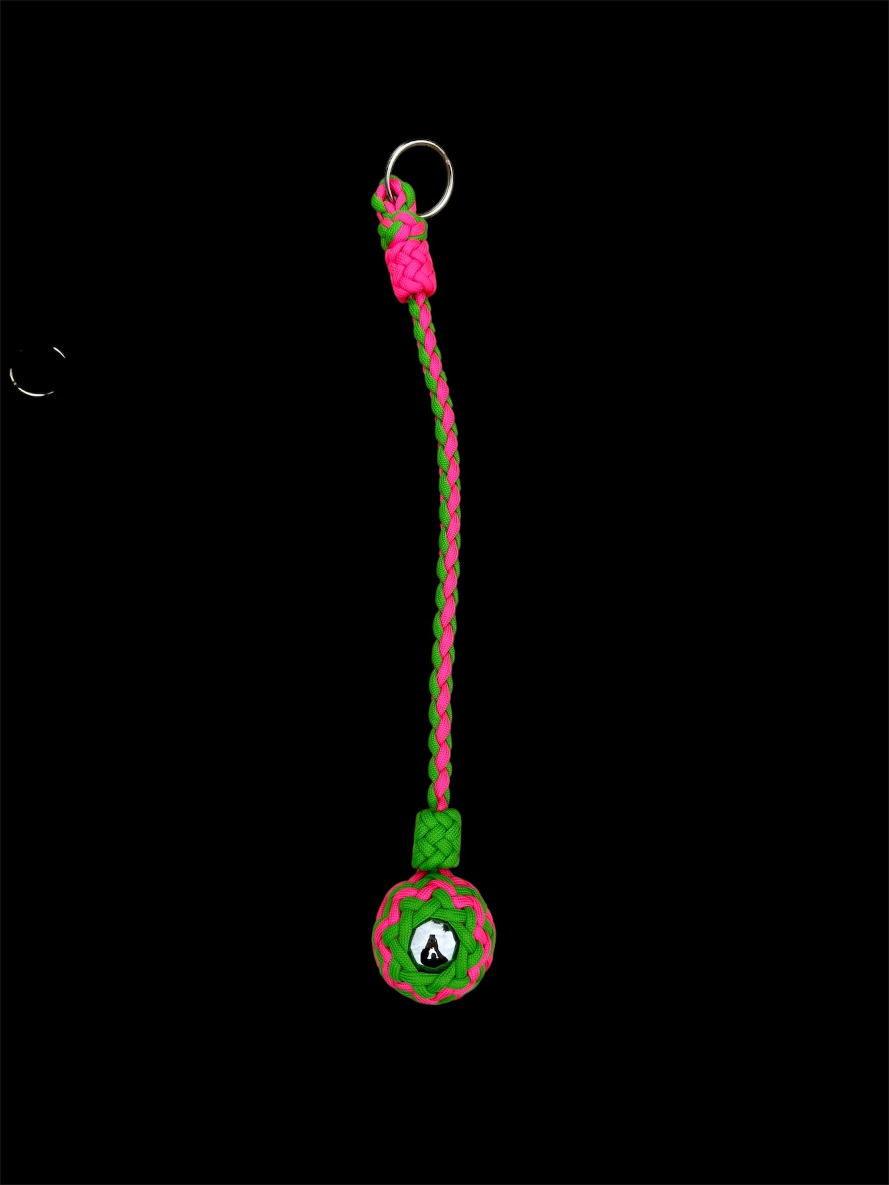 Decorative Paracord Wrapped 1.5 inch Steel Ball in Hot Pink and Neon Green monkey fist style on a split ring