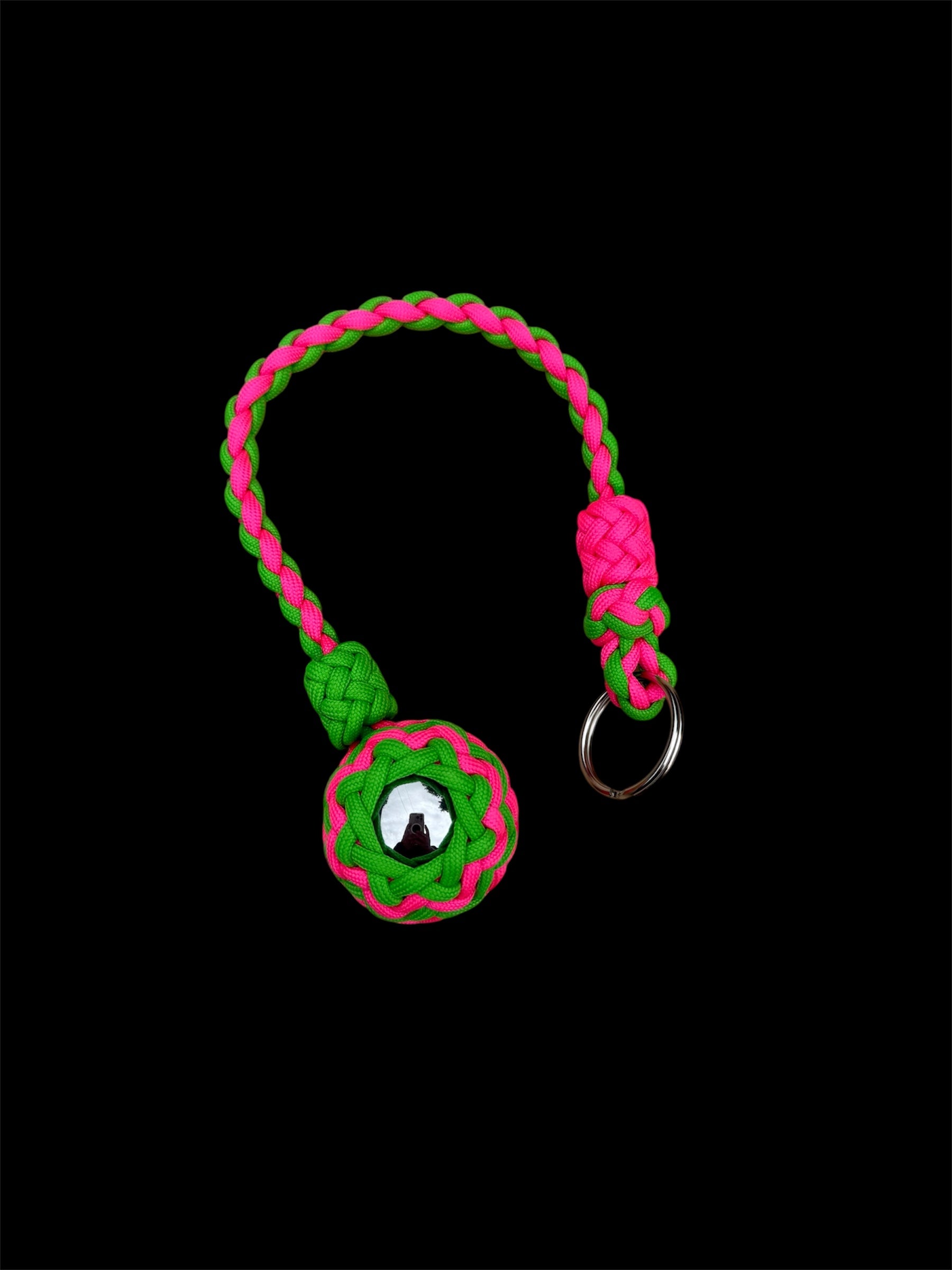 Decorative Paracord Wrapped 1.5 inch Steel Ball in Hot Pink and Neon Green monkey fist style on a split ring