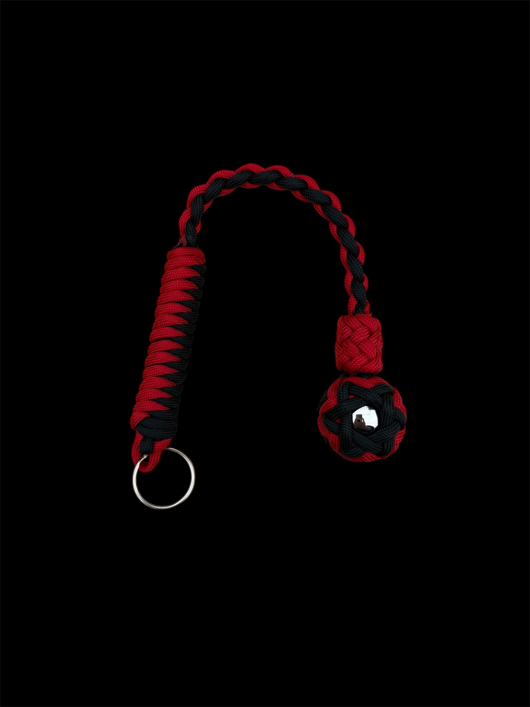 Decorative Paracord Wrapped 1 inch Steel Ball in Black and Red Keychain monkey fist style on a split ring
