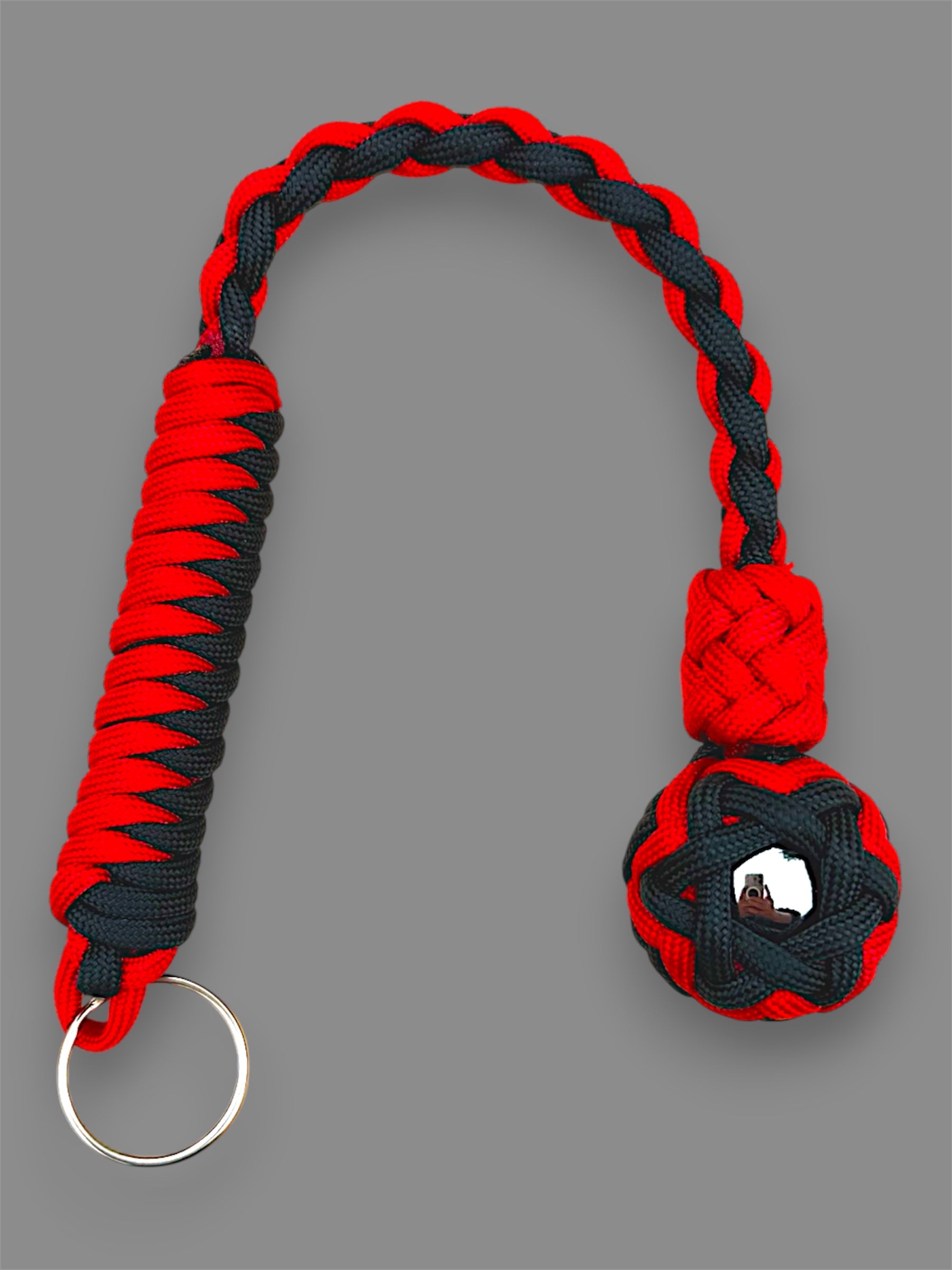 Decorative Paracord Wrapped 1 inch Steel Ball in Black and Red Keychain monkey fist style on a split ring