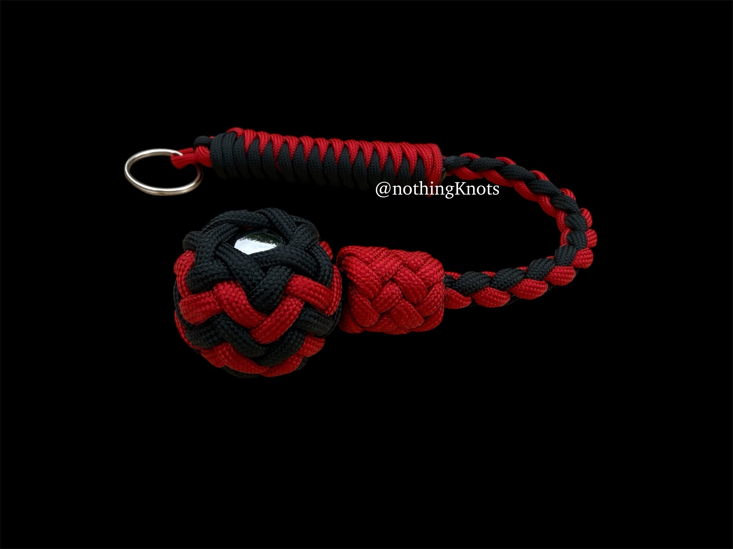 Decorative Paracord Wrapped 1 inch Steel Ball in Black and Red Keychain monkey fist style on a split ring