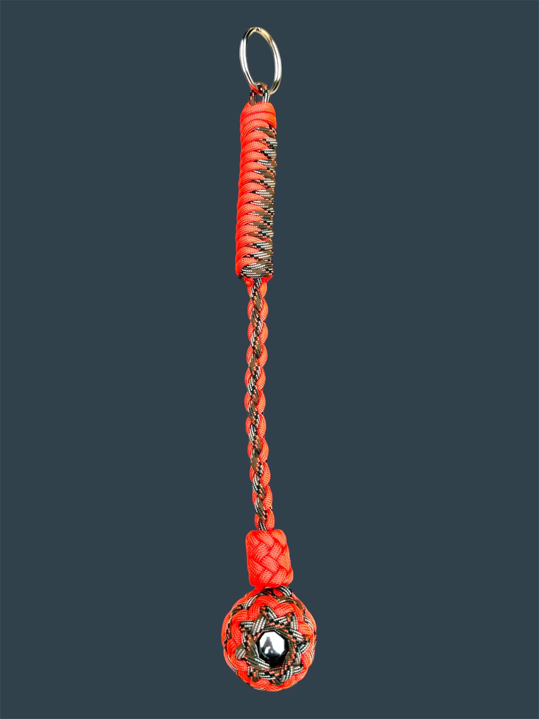 Decorative Paracord Wrapped 1.25 inch Steel Ball in Neon Orange and Treestand Keychain monkey fist style