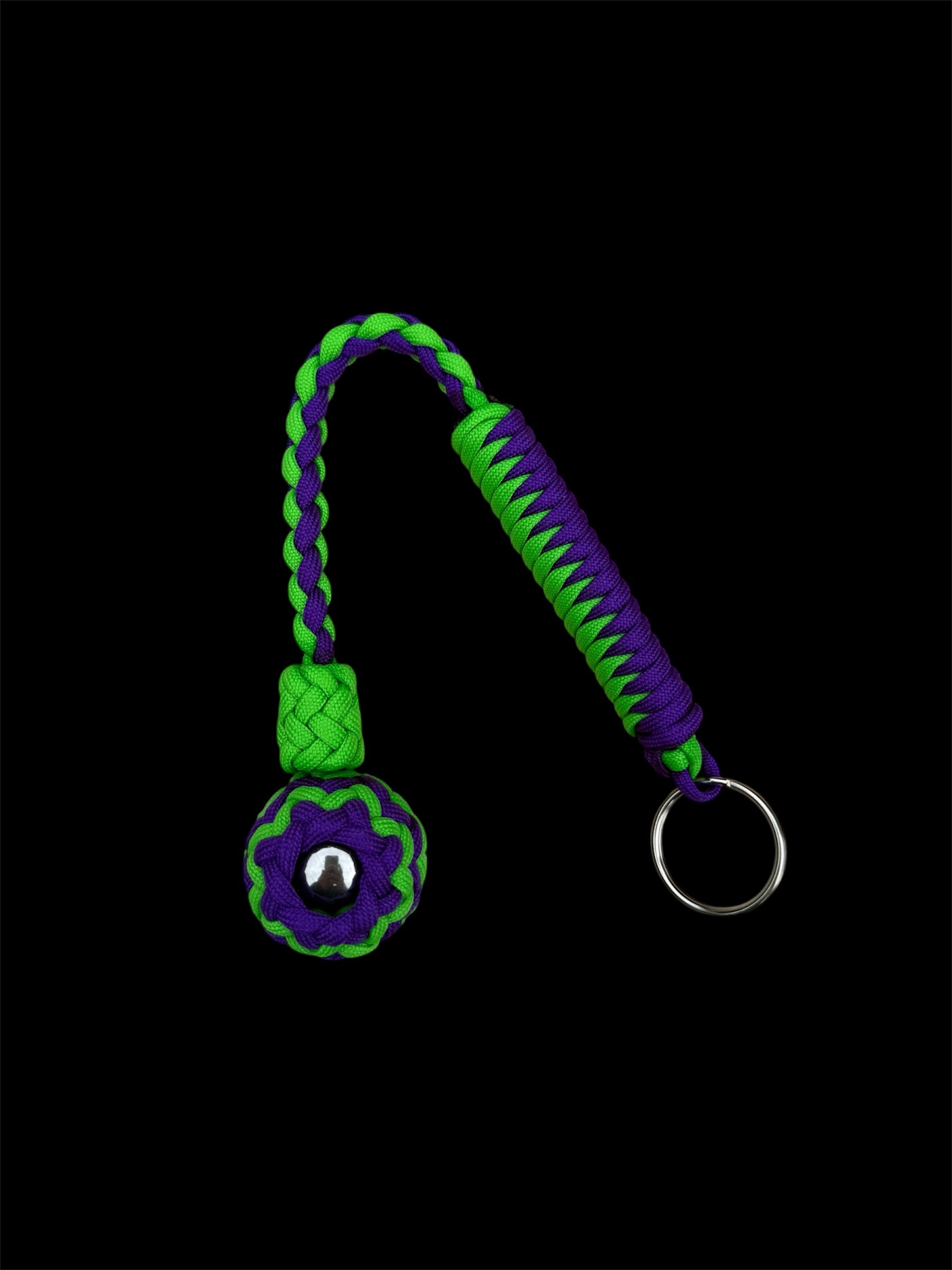 Decorative Paracord Wrapped 1.25 inch Steel Ball in Acid Purple and Neon Green Keychain monkey fist style