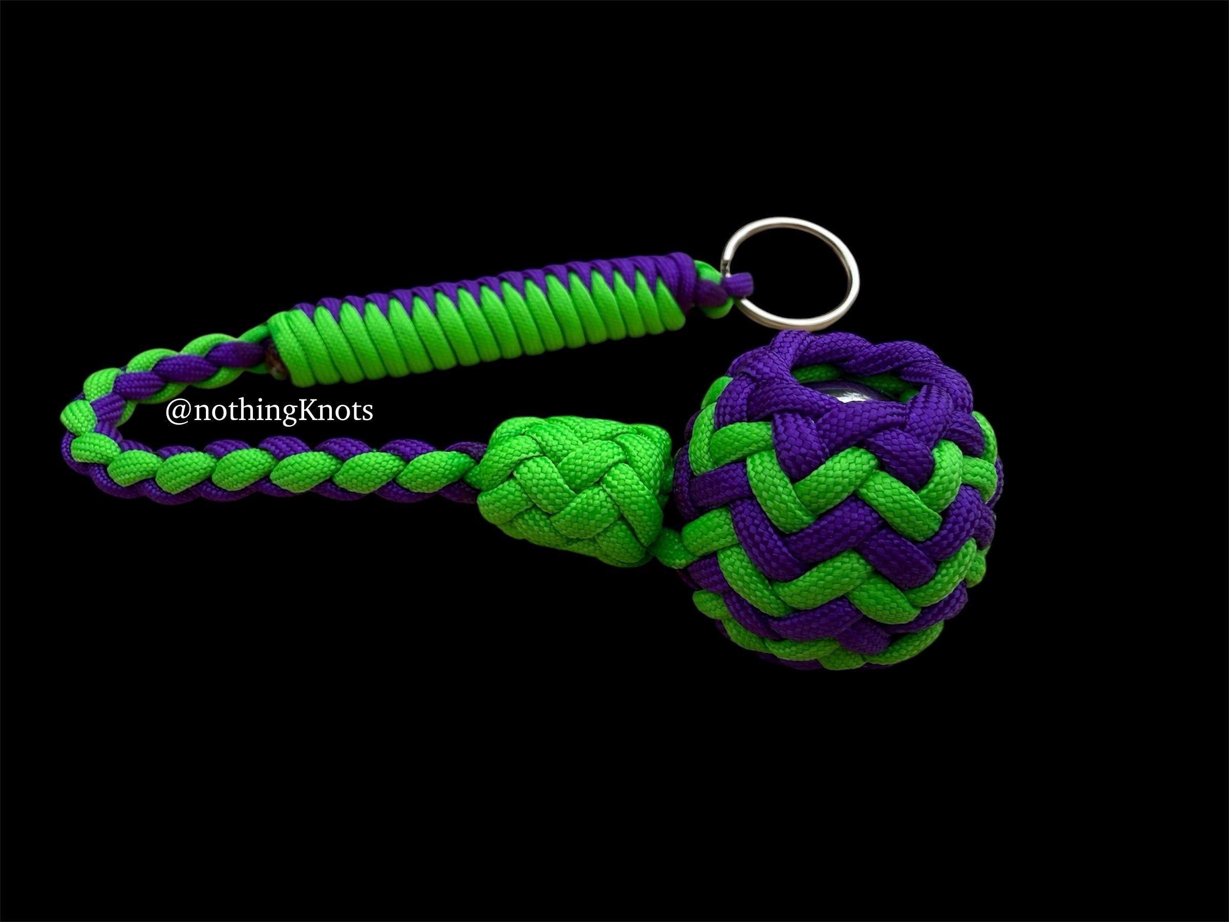 Decorative Paracord Wrapped 1.25 inch Steel Ball in Acid Purple and Neon Green Keychain monkey fist style