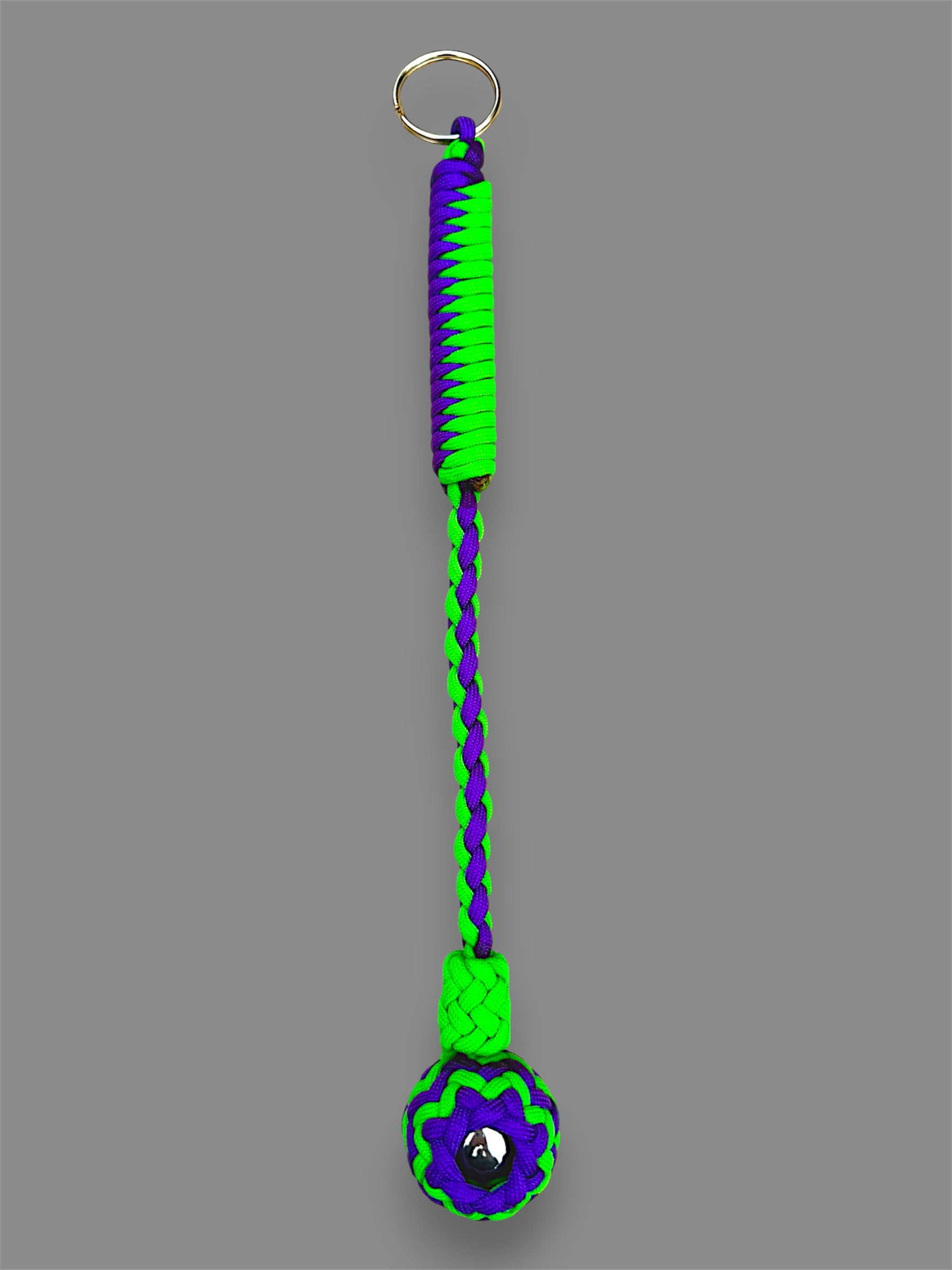 Decorative Paracord Wrapped 1.25 inch Steel Ball in Acid Purple and Neon Green Keychain monkey fist style
