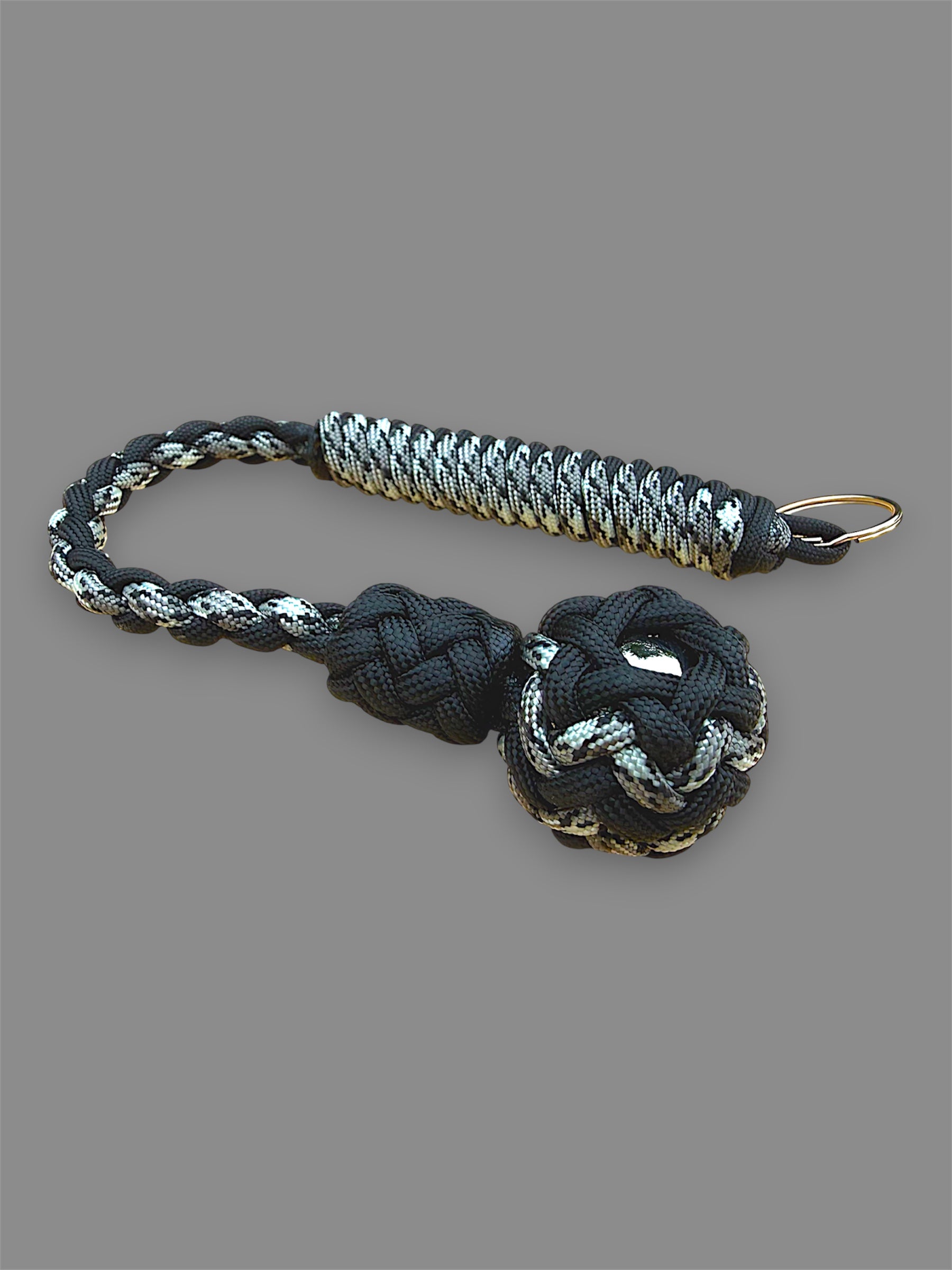 Decorative Paracord Wrapped 1 inch Steel Ball in Black and Gray Camo Keychain monkey fist style on a split ring