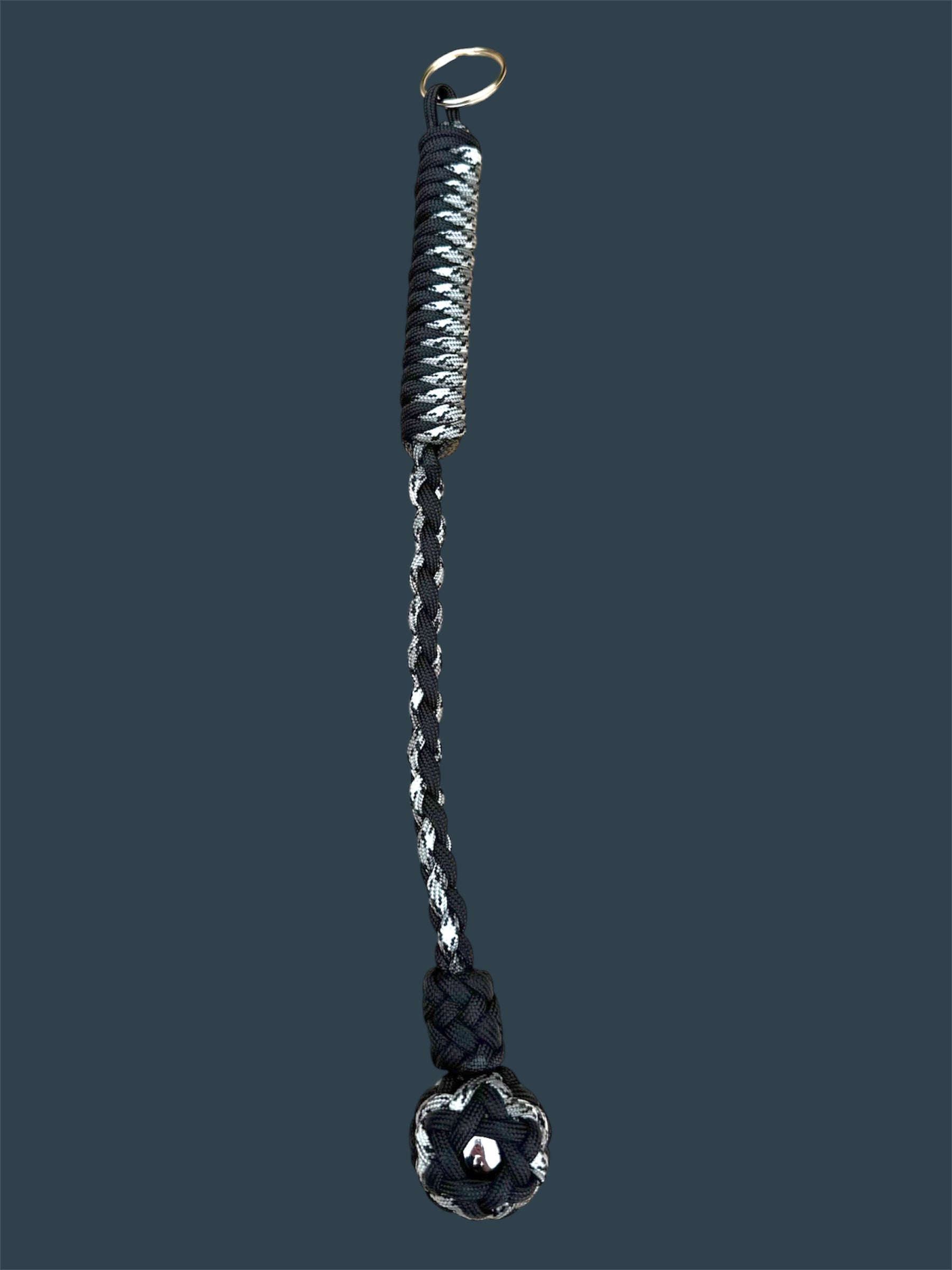 Decorative Paracord Wrapped 1 inch Steel Ball in Black and Gray Camo Keychain monkey fist style on a split ring